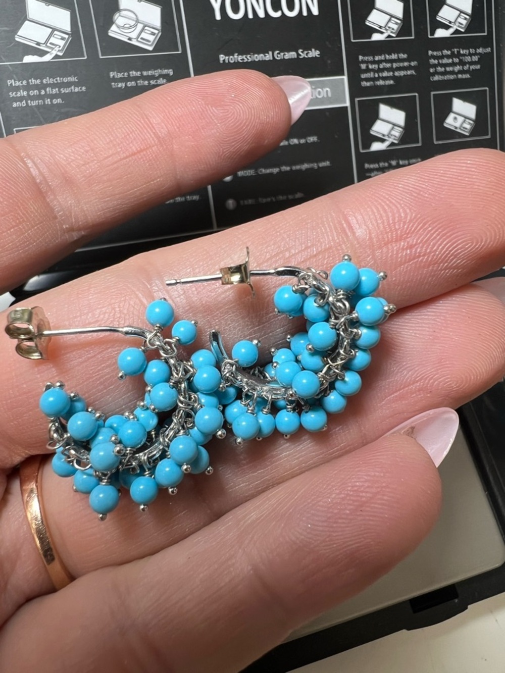 14K white gold Turquoise Bead Cluster Hoop Earrings